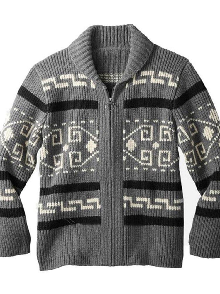 Lapel Geometric Standard Loose Winter Sweater For Menn