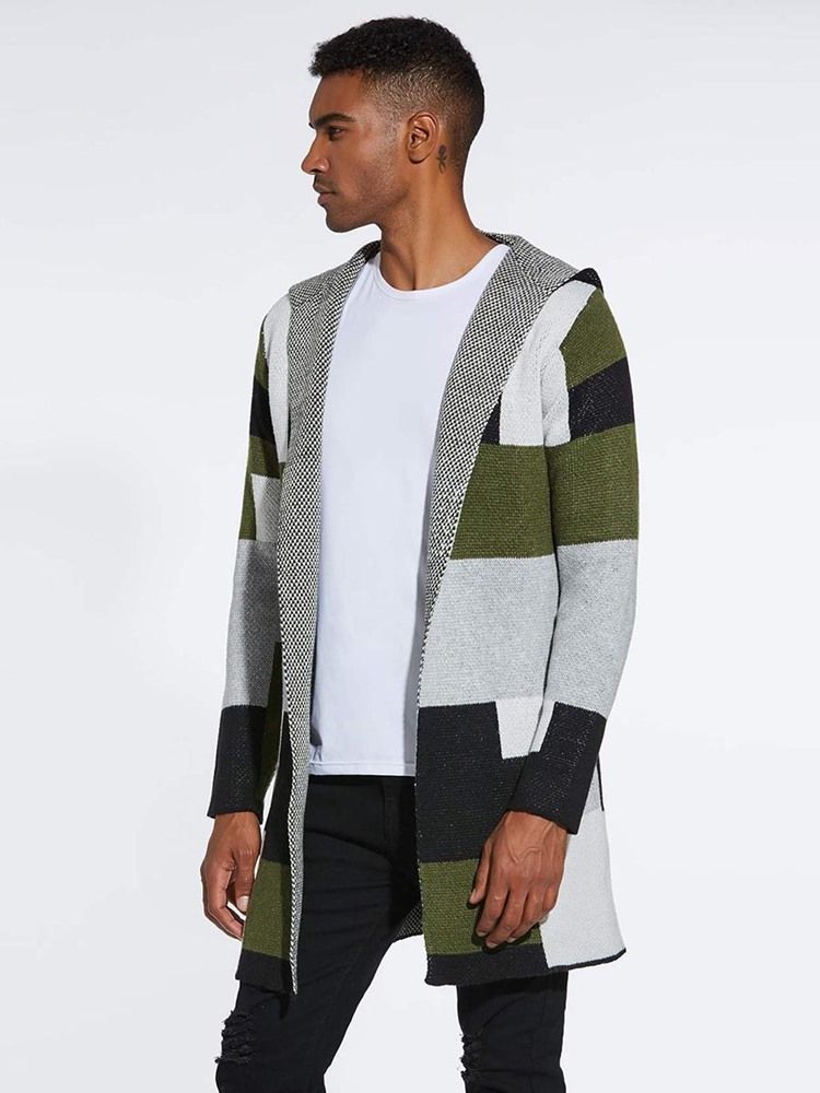 Patchwork Mid-length Hooded Mens Winter Cardigan Gensere