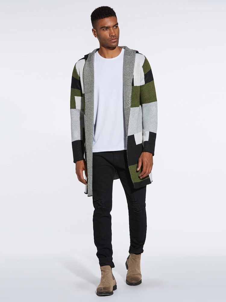 Patchwork Mid-length Hooded Mens Winter Cardigan Gensere