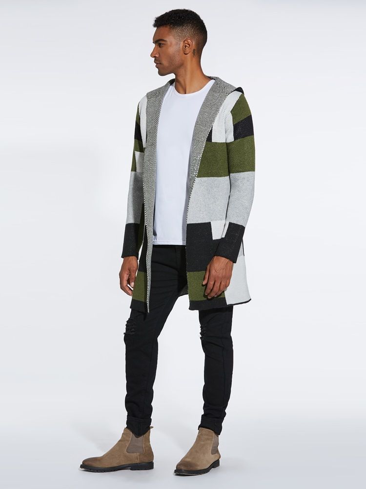 Patchwork Mid-length Hooded Mens Winter Cardigan Gensere