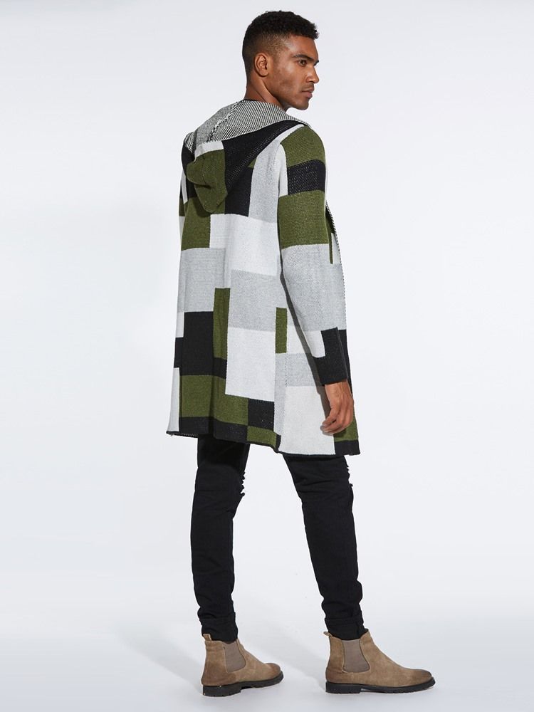 Patchwork Mid-length Hooded Mens Winter Cardigan Gensere