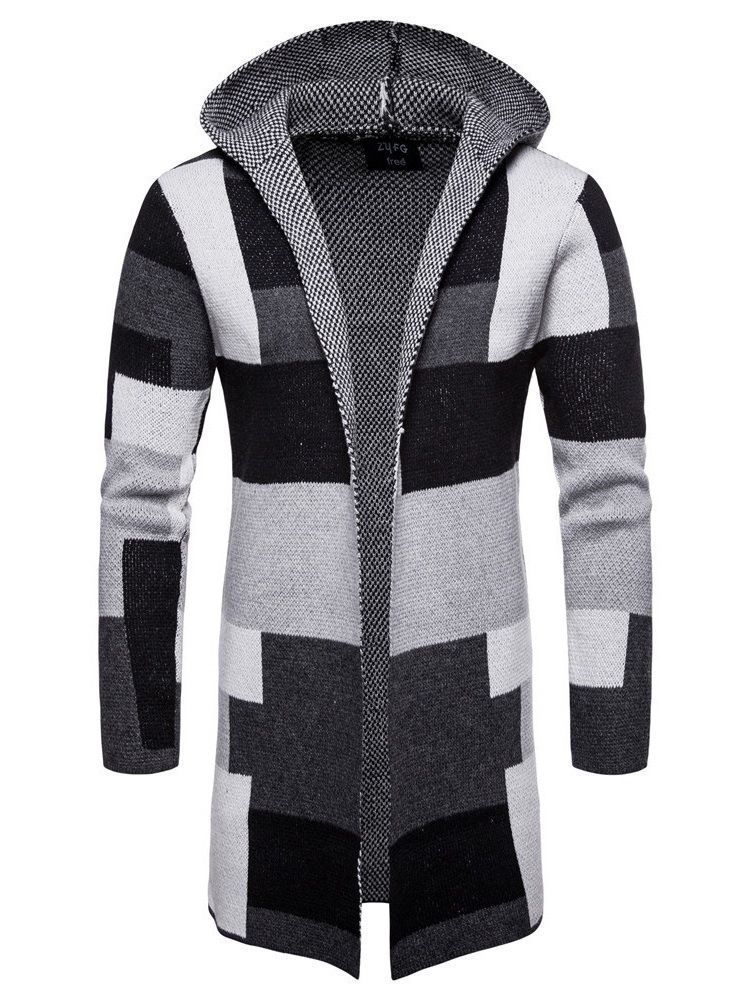 Patchwork Mid-length Hooded Mens Winter Cardigan Gensere