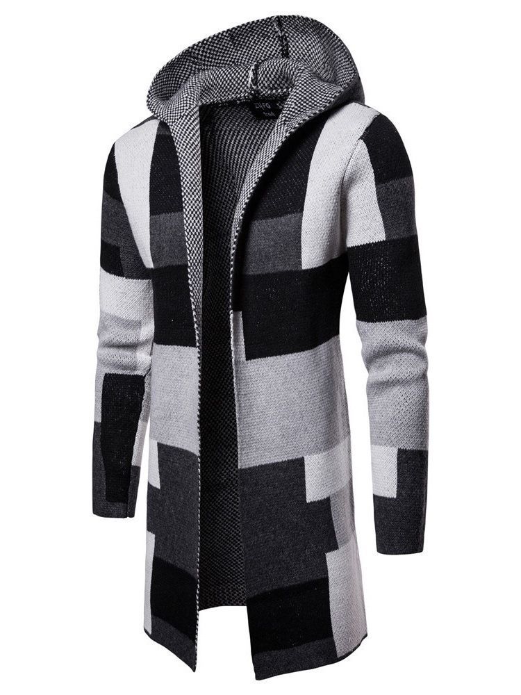 Patchwork Mid-length Hooded Mens Winter Cardigan Gensere