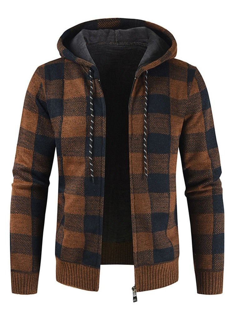 Standard Plaid Hooded Menns Slim Fall Genser