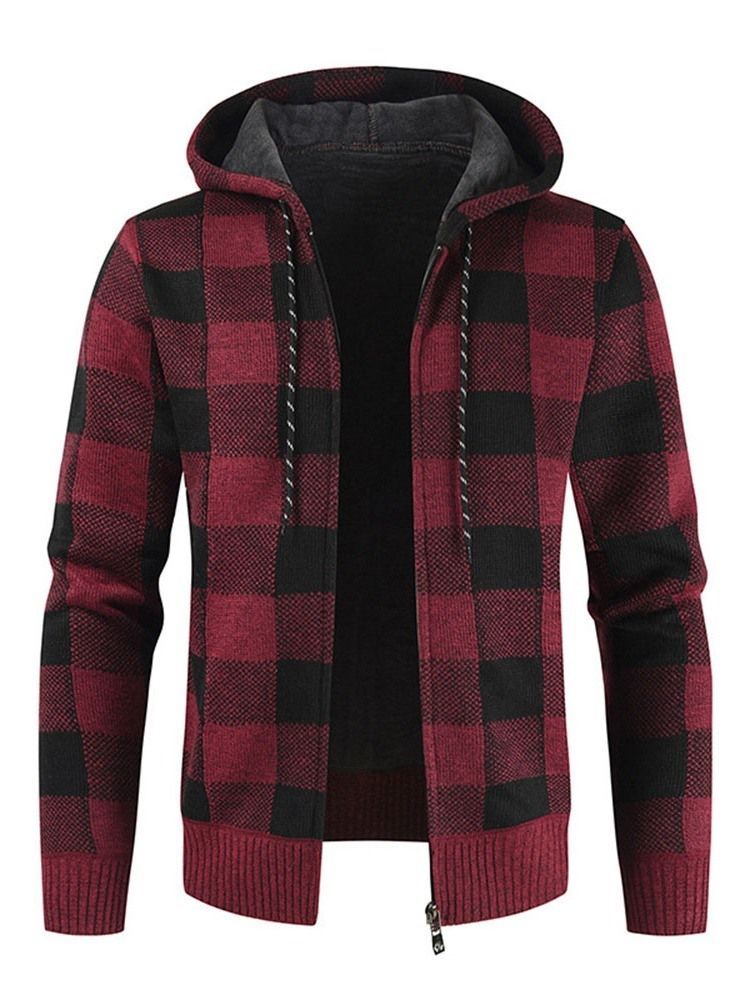 Standard Plaid Hooded Menns Slim Fall Genser