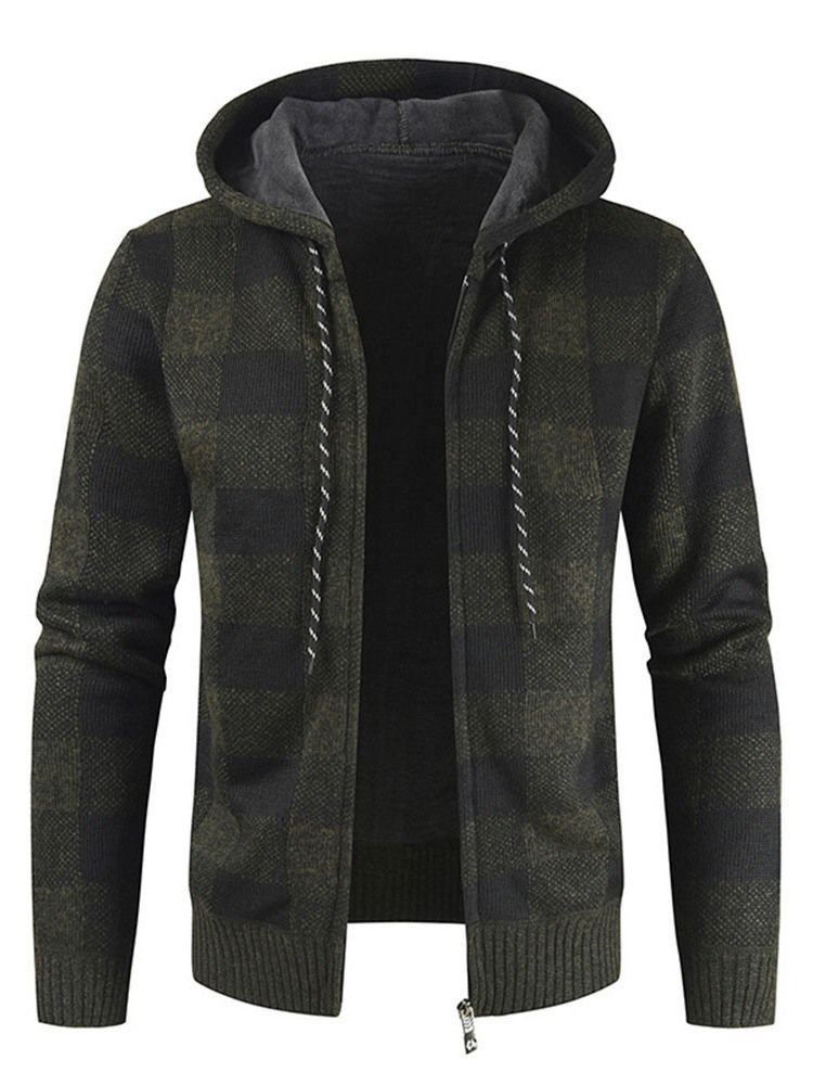 Standard Plaid Hooded Menns Slim Fall Genser