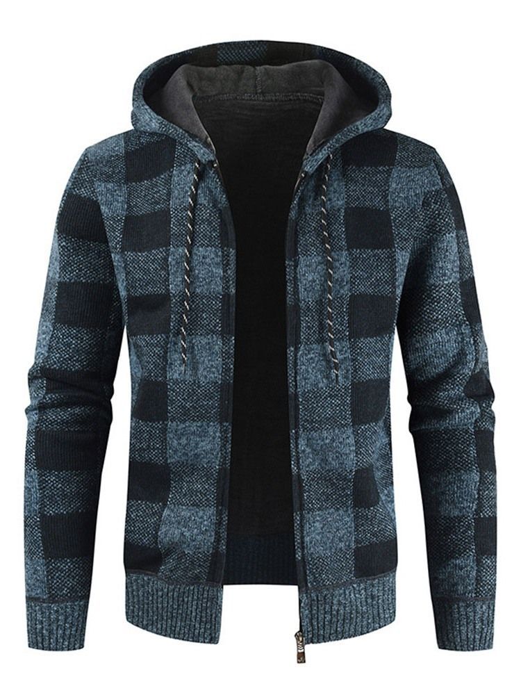 Standard Plaid Hooded Menns Slim Fall Genser