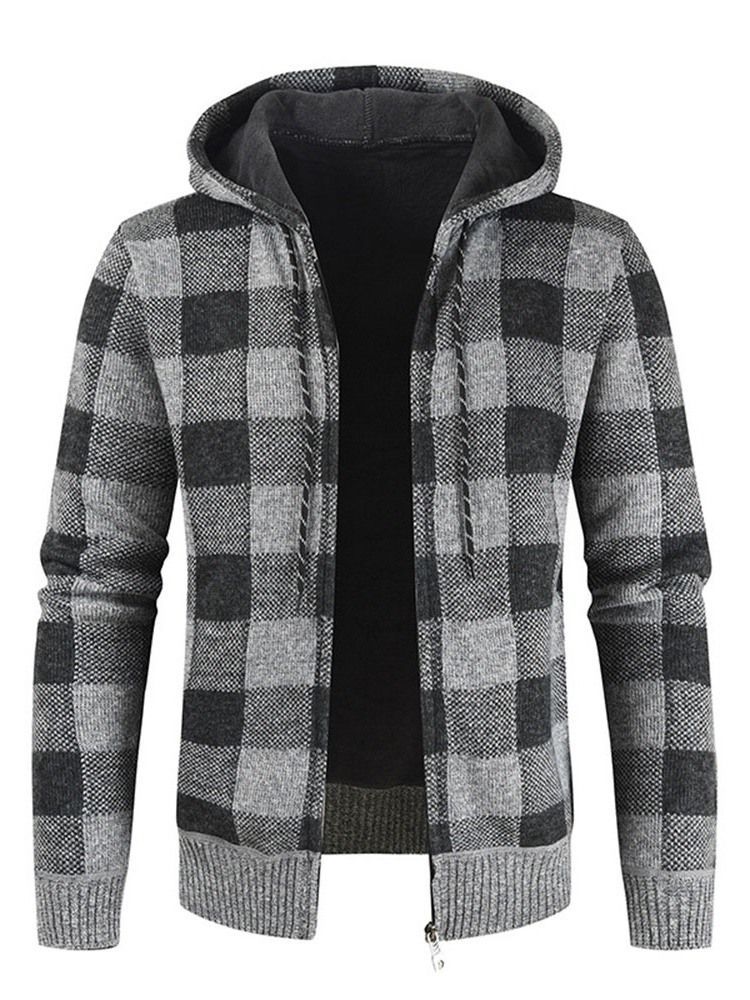 Standard Plaid Hooded Menns Slim Fall Genser