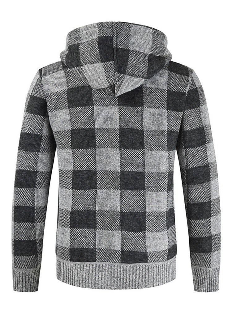 Standard Plaid Hooded Menns Slim Fall Genser