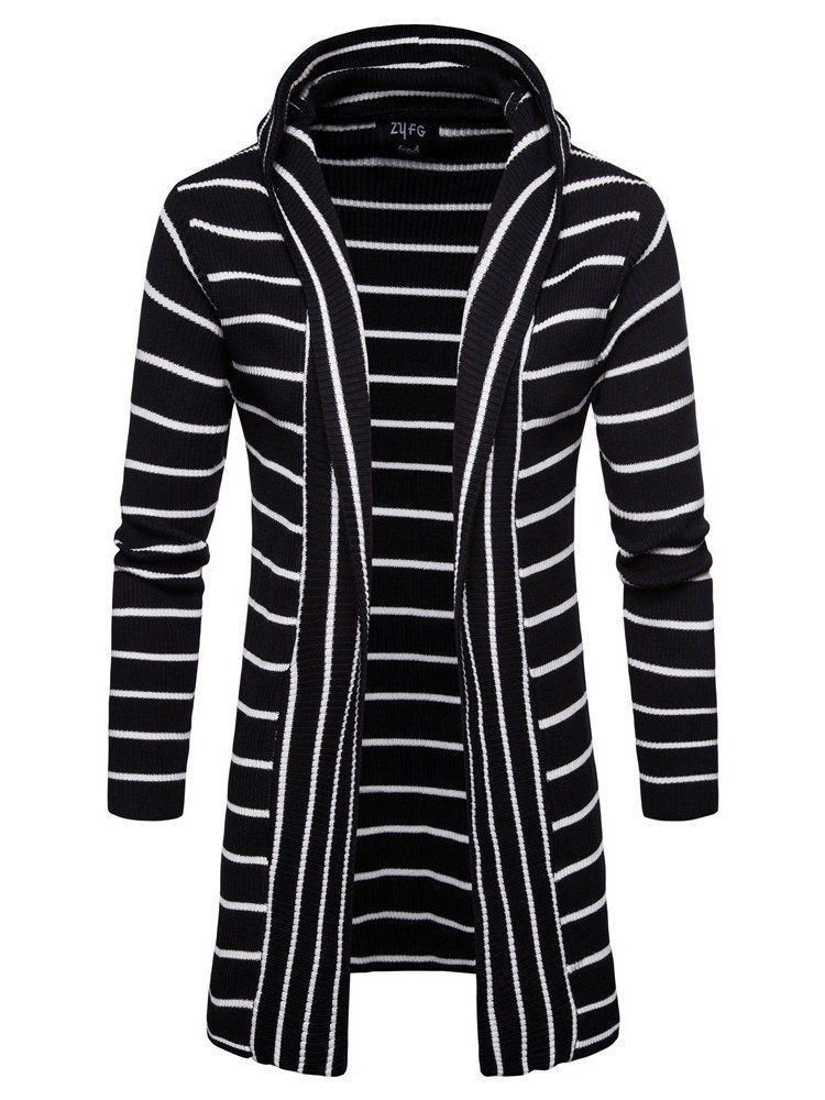 Striped Hooded Fall Mens Casual Cardigan Gensere