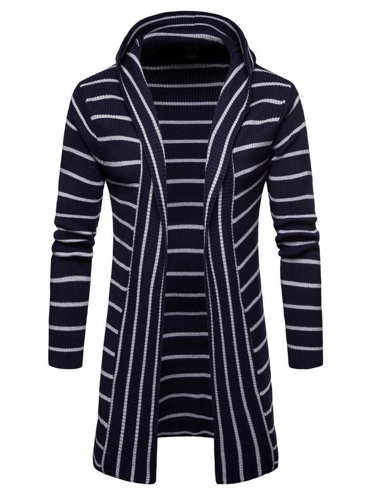 Striped Hooded Fall Mens Casual Cardigan Gensere