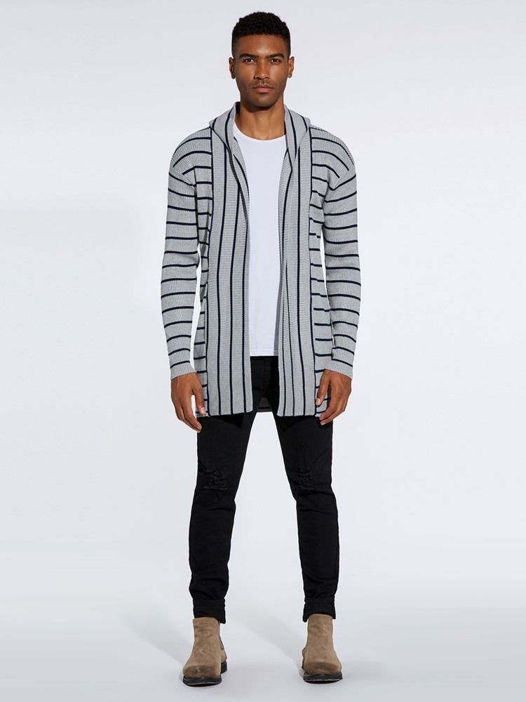 Striped Hooded Fall Mens Casual Cardigan Gensere