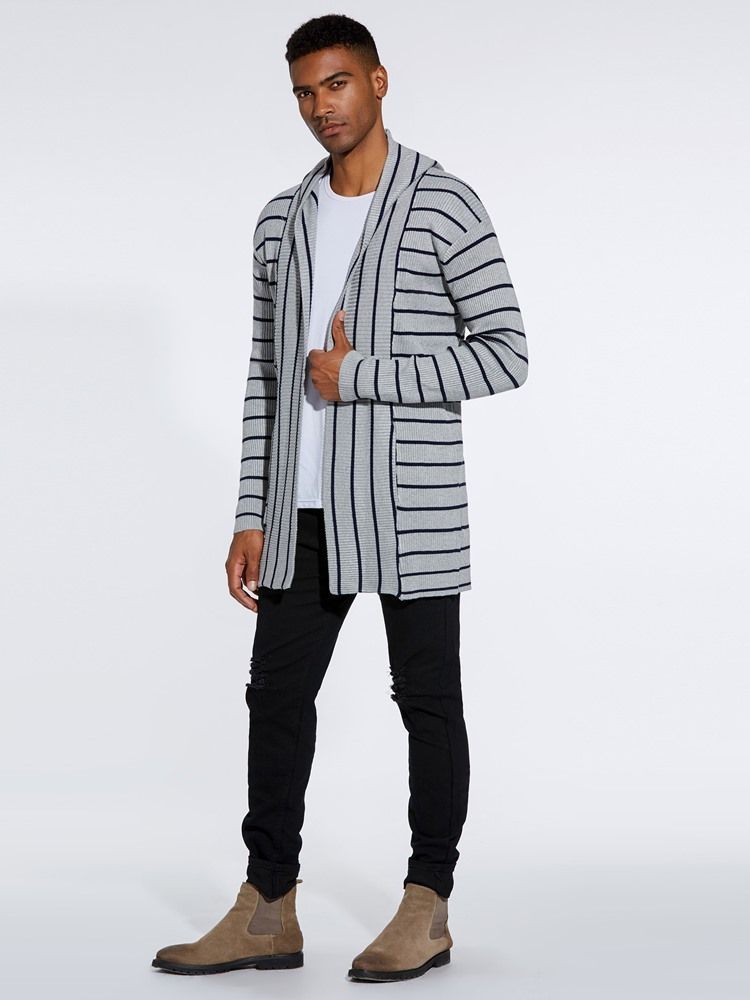 Striped Hooded Fall Mens Casual Cardigan Gensere