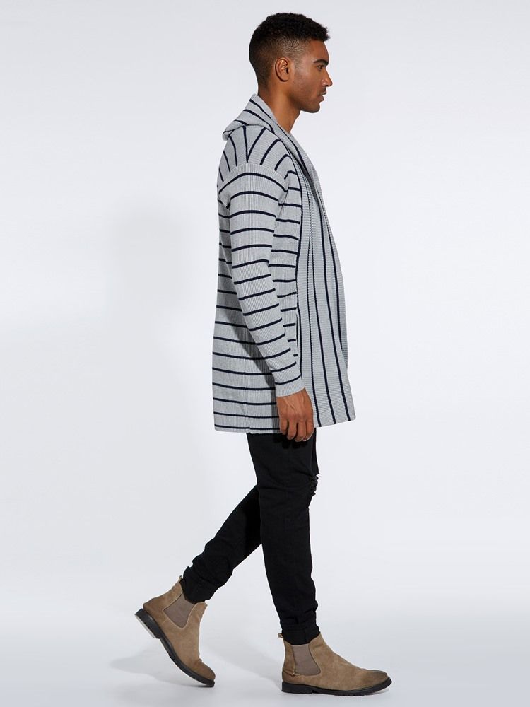 Striped Hooded Fall Mens Casual Cardigan Gensere