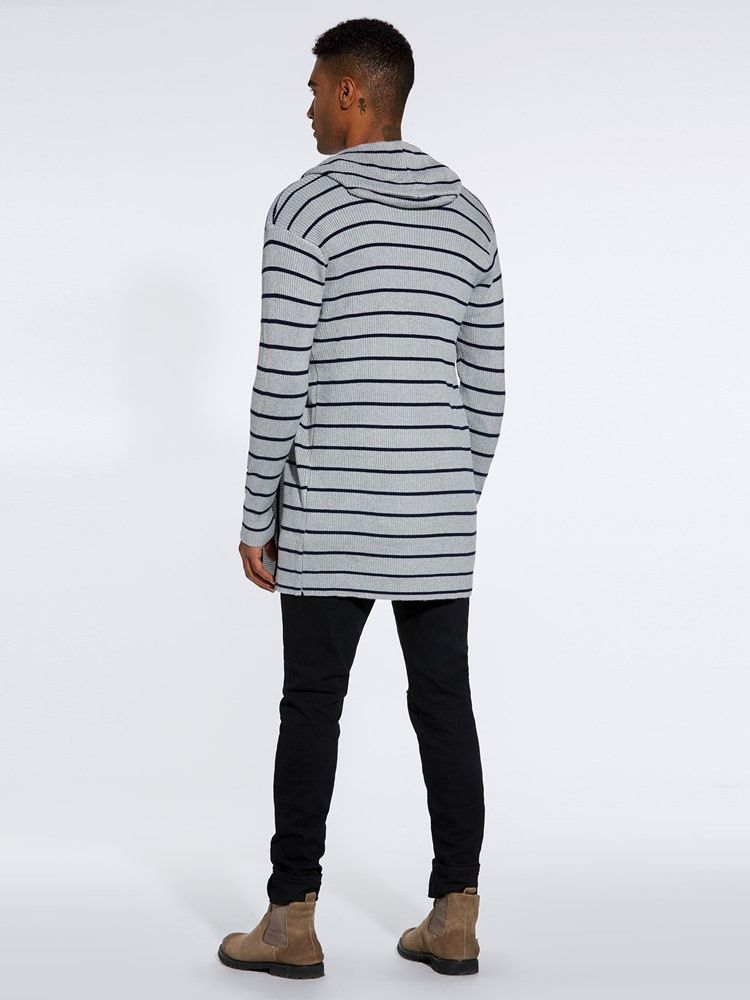 Striped Hooded Fall Mens Casual Cardigan Gensere