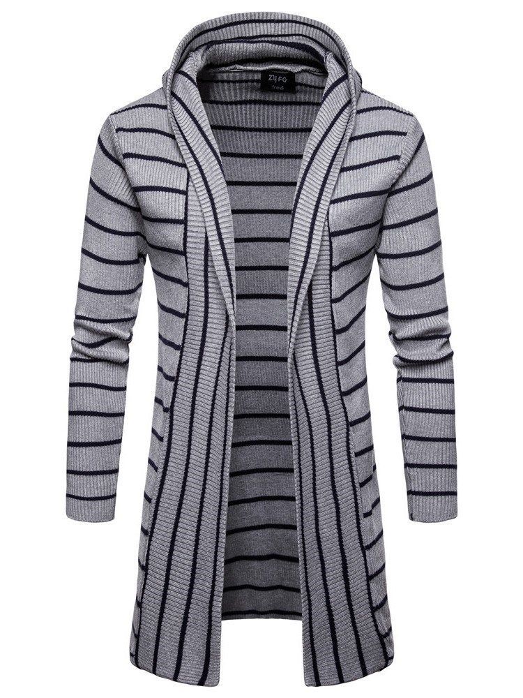 Striped Hooded Fall Mens Casual Cardigan Gensere