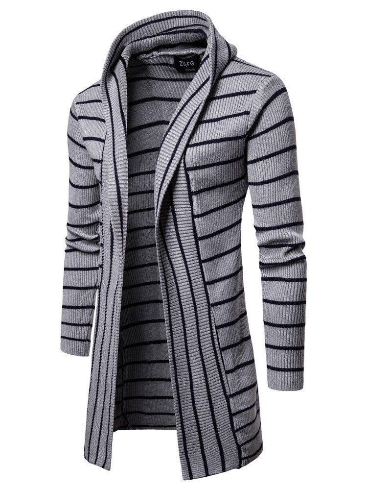 Striped Hooded Fall Mens Casual Cardigan Gensere