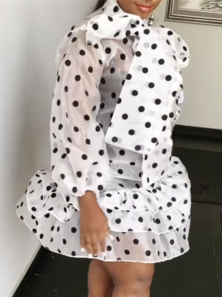 Bow-krage For Kvinner Over Kneetrekk Pullover Polka Dots Dress