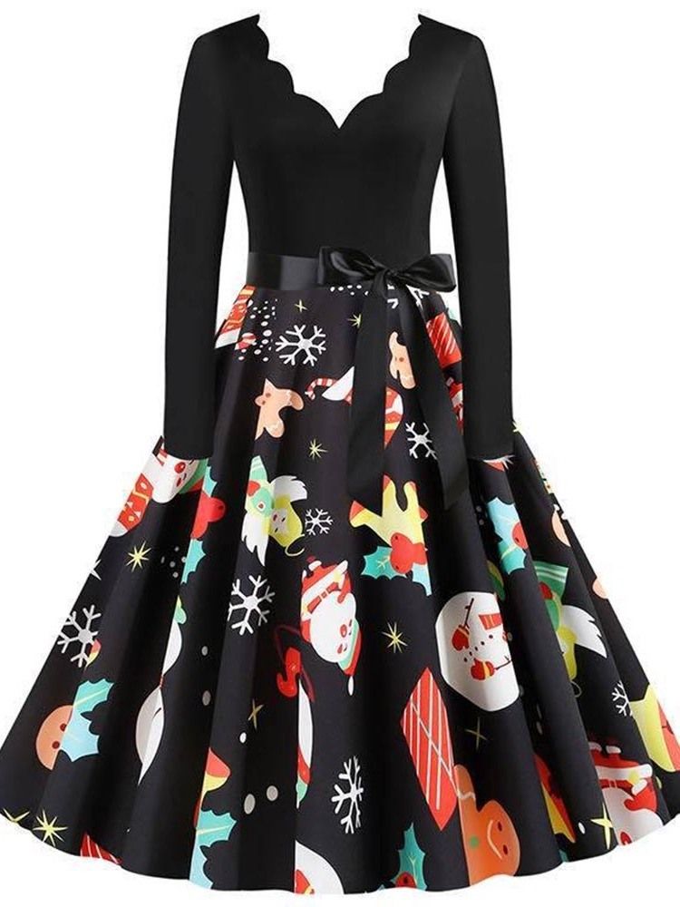 Kvinner Mid-calf Patchwork V-neck Sweet Cartoon Dress