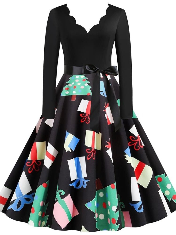 Kvinner Mid-calf Patchwork V-neck Sweet Cartoon Dress