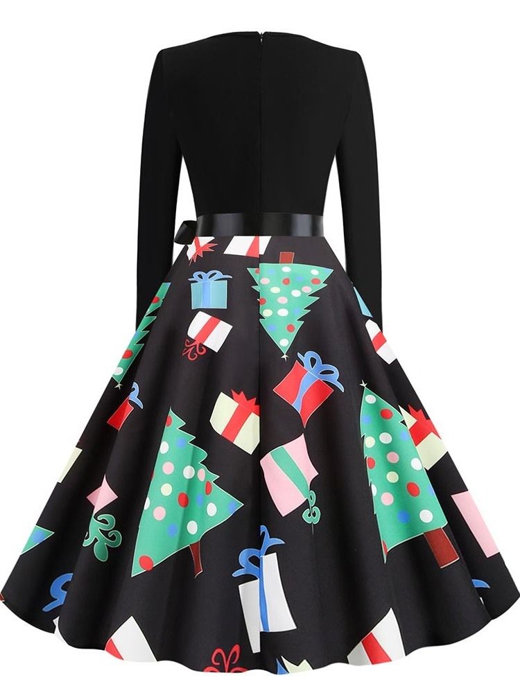 Kvinner Mid-calf Patchwork V-neck Sweet Cartoon Dress