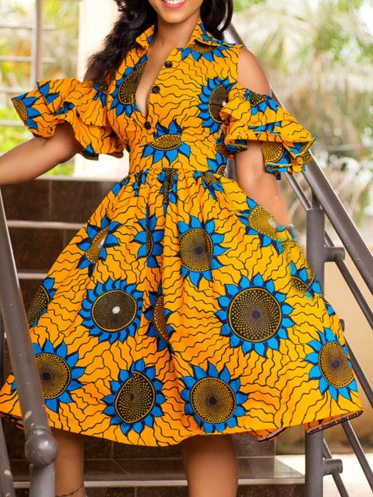 Kvinners Afrikanske Mote Mid-calf Lapel Print Floral A Line Dress