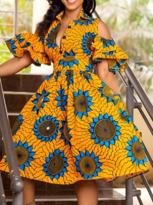 Kvinners Afrikanske Mote Mid-calf Lapel Print Floral A Line Dress