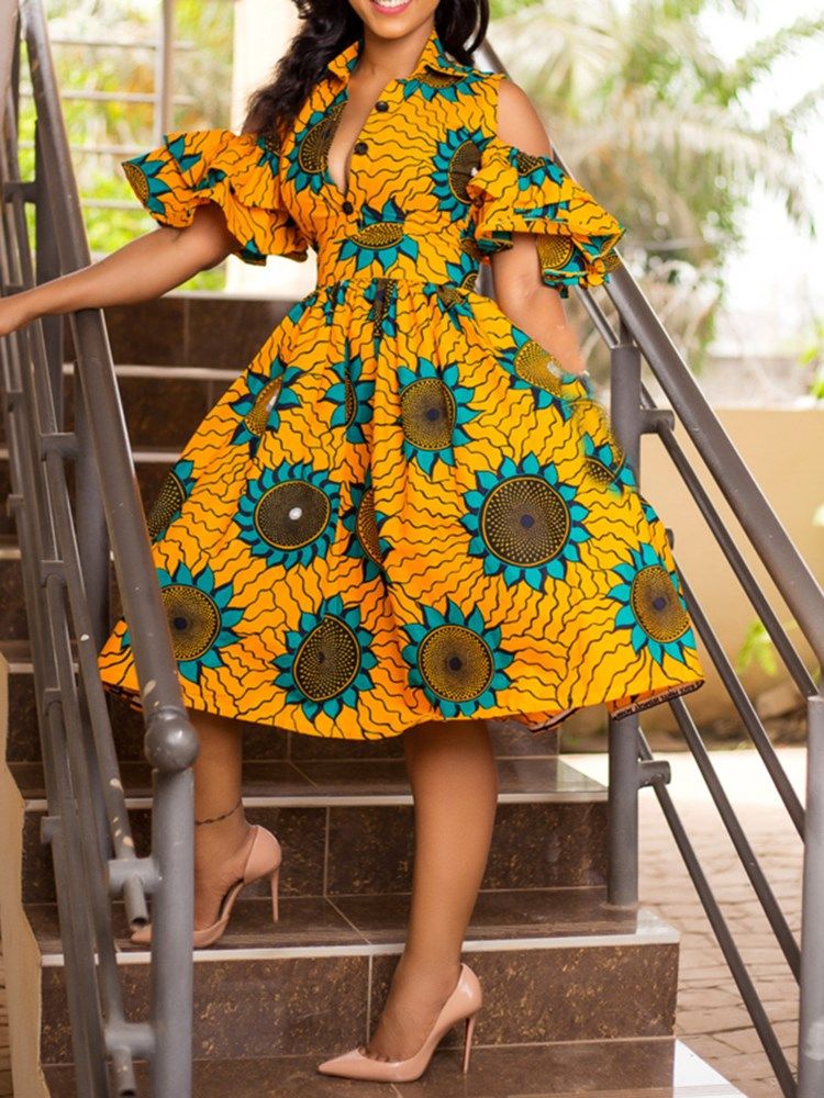 Kvinners Afrikanske Mote Mid-calf Lapel Print Floral A Line Dress