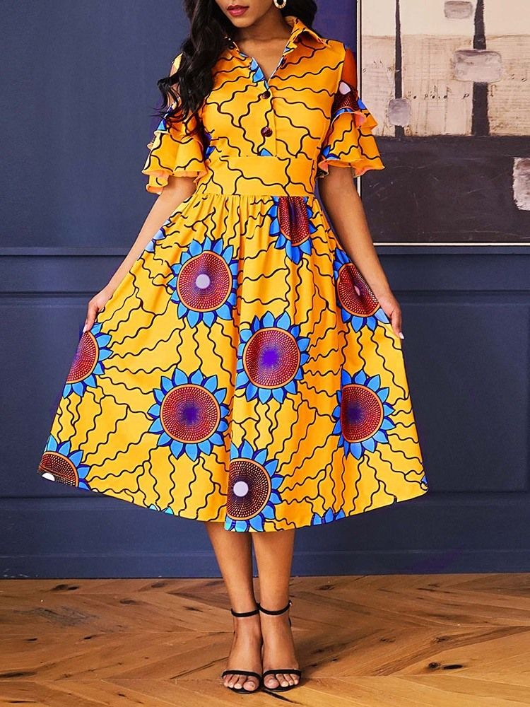 Kvinners Afrikanske Mote Mid-calf Lapel Print Floral A Line Dress