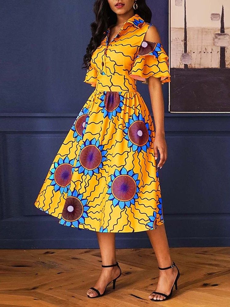 Kvinners Afrikanske Mote Mid-calf Lapel Print Floral A Line Dress