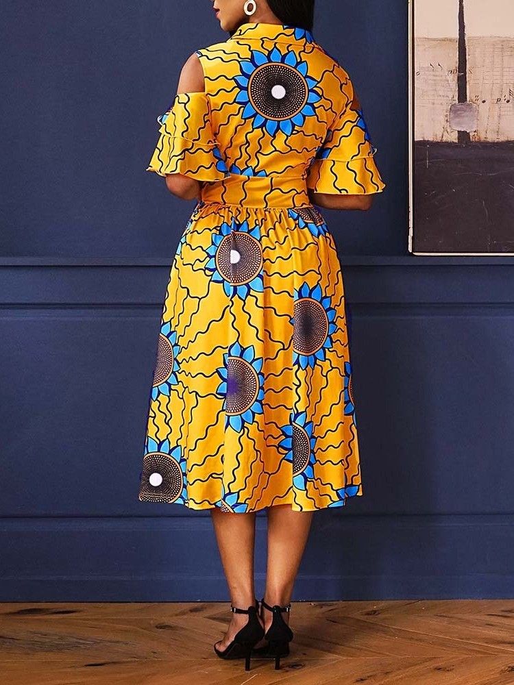 Kvinners Afrikanske Mote Mid-calf Lapel Print Floral A Line Dress