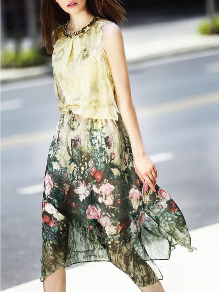 Meryl Floral Asymmetrical Travel Look Casual Dress For Kvinner