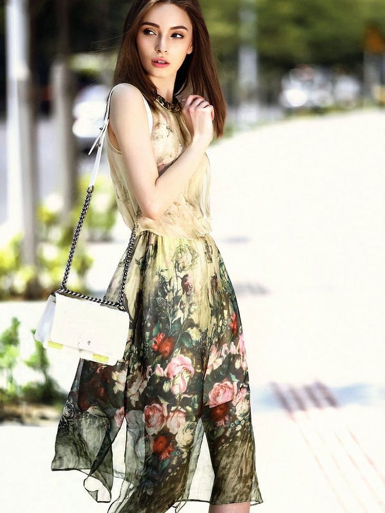 Meryl Floral Asymmetrical Travel Look Casual Dress For Kvinner