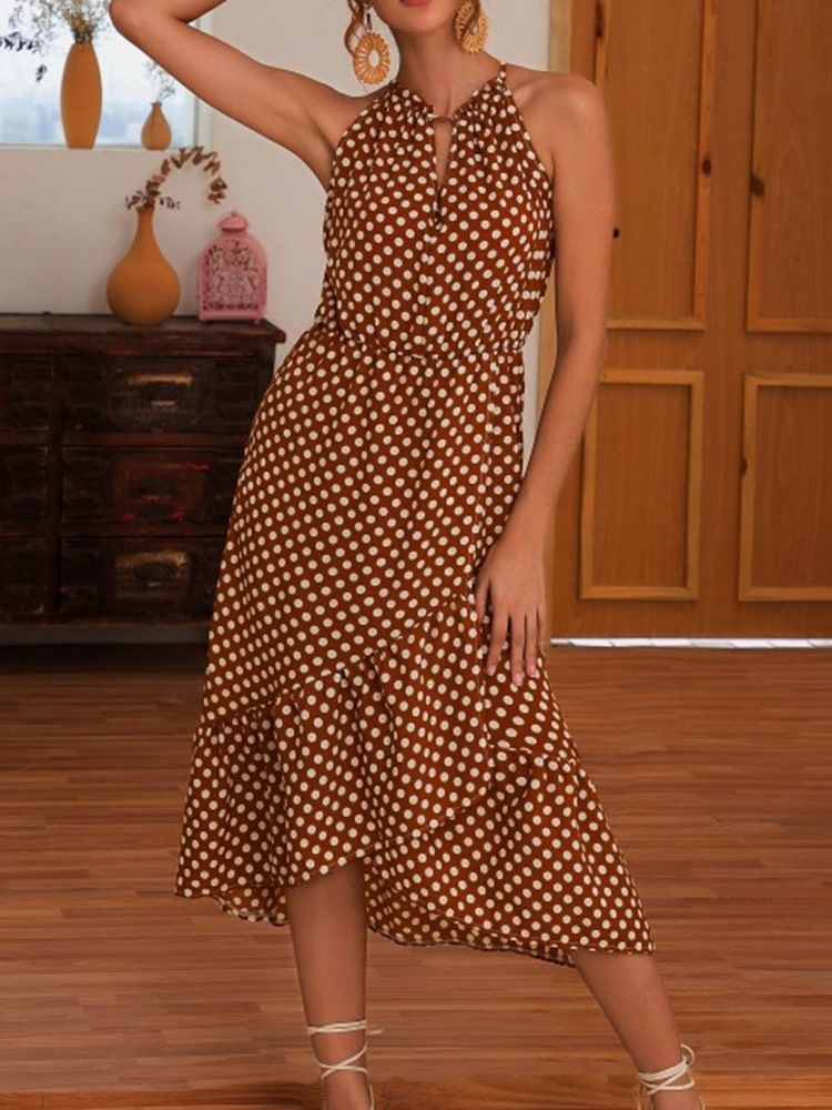 Mid-calf Asymmetric Ermeløs Polka Dots Sweet Dame Dress