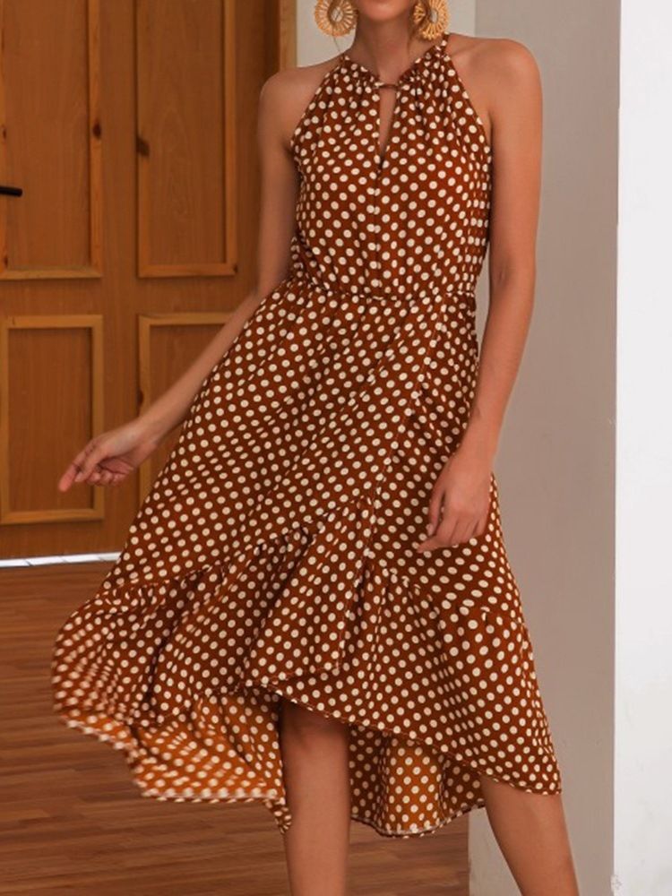 Mid-calf Asymmetric Ermeløs Polka Dots Sweet Dame Dress