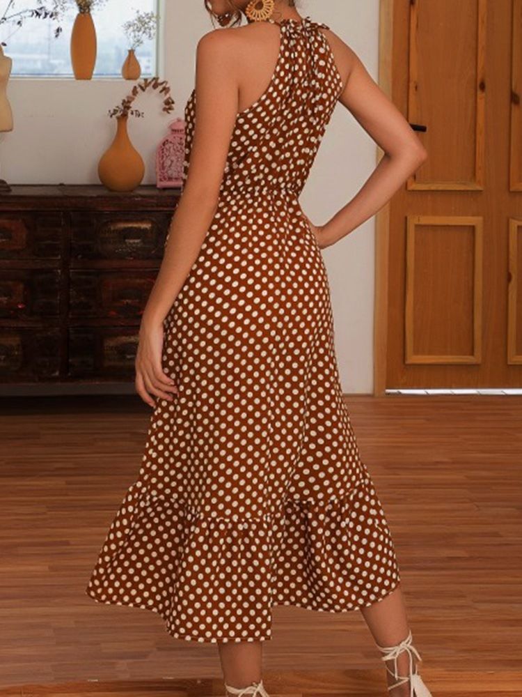 Mid-calf Asymmetric Ermeløs Polka Dots Sweet Dame Dress