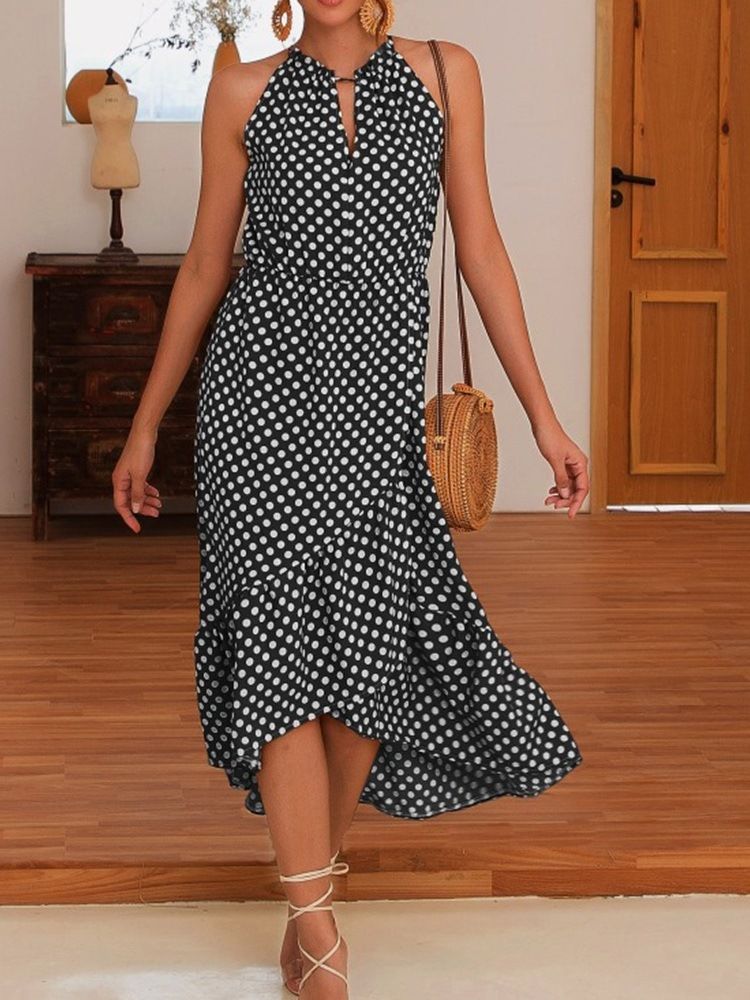 Mid-calf Asymmetric Ermeløs Polka Dots Sweet Dame Dress