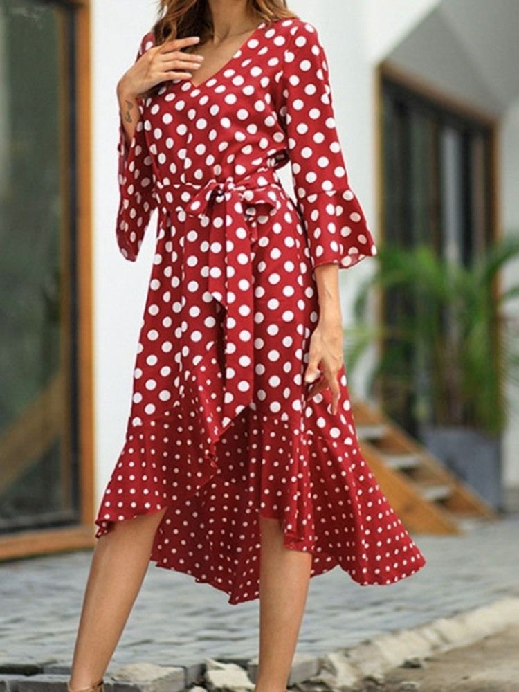 Polka Dots Flare Sleeve V-neck Swallowtail Casual Dress