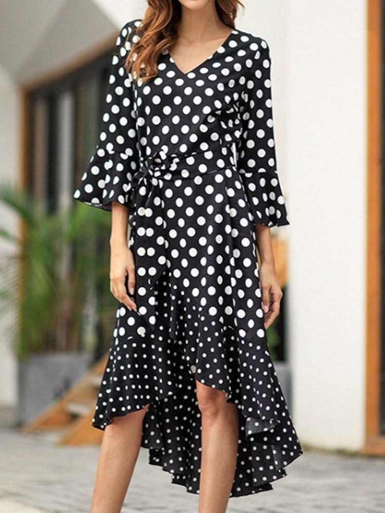 Polka Dots Flare Sleeve V-neck Swallowtail Casual Dress