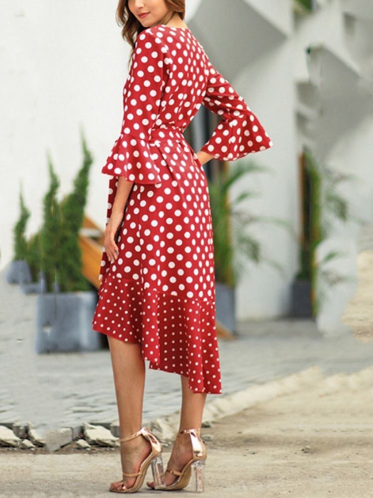 Polka Dots Flare Sleeve V-neck Swallowtail Casual Dress