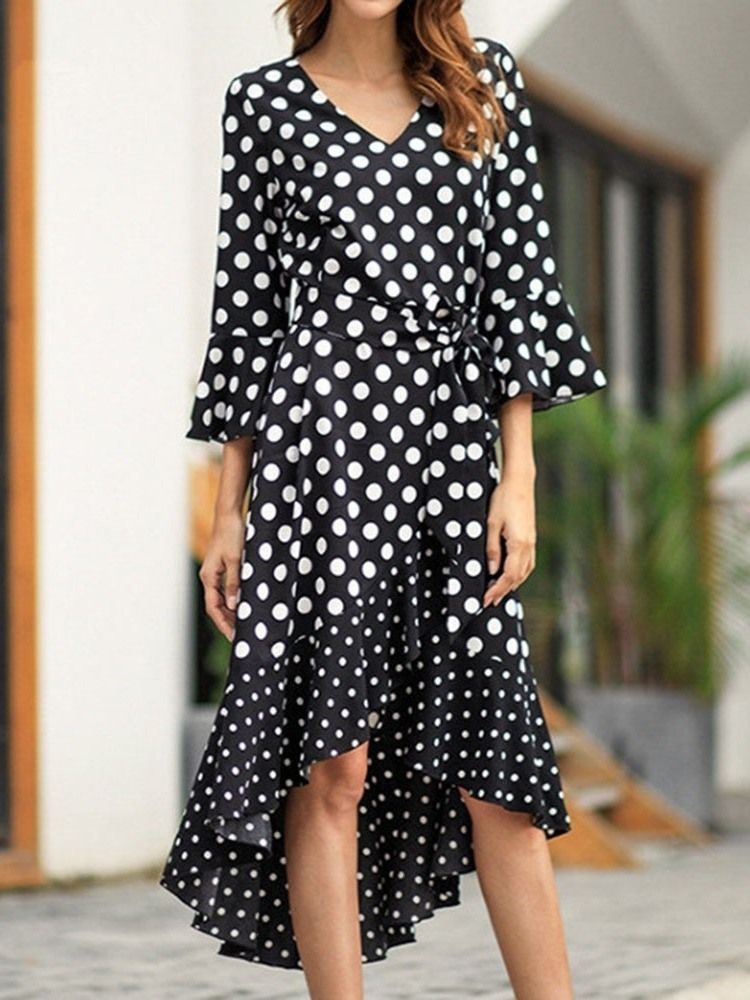 Polka Dots Flare Sleeve V-neck Swallowtail Casual Dress