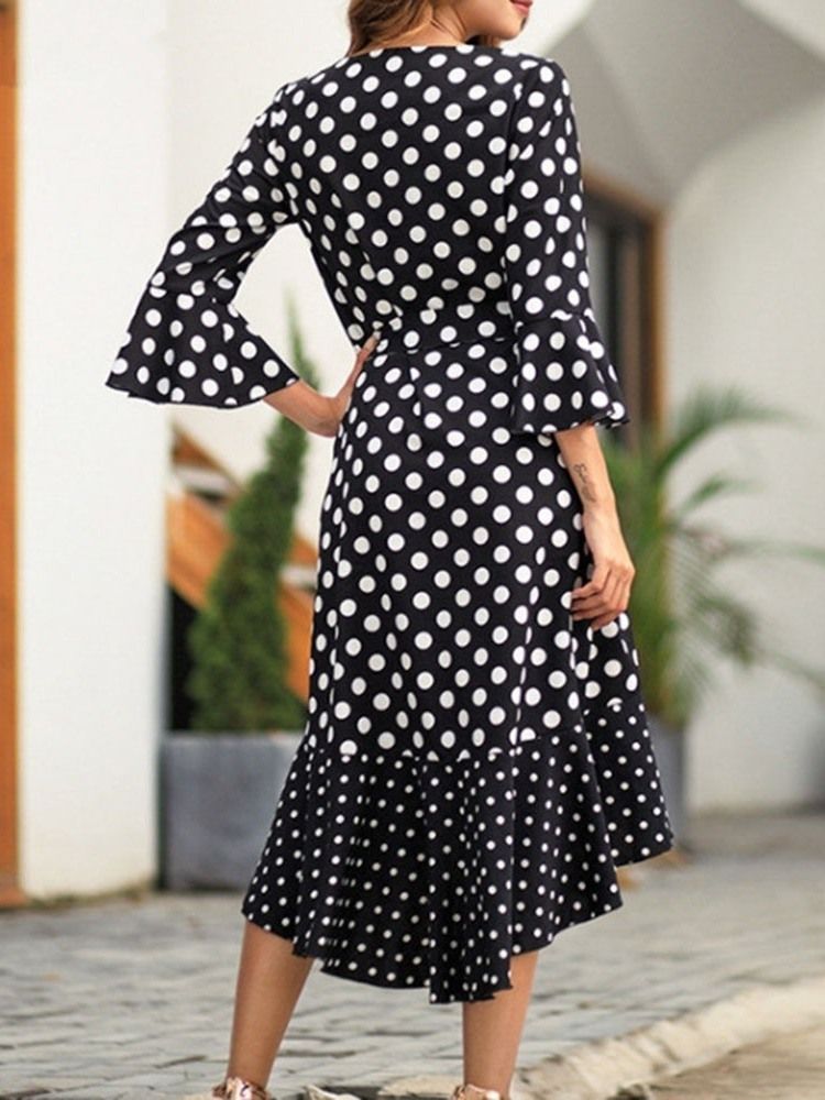 Polka Dots Flare Sleeve V-neck Swallowtail Casual Dress