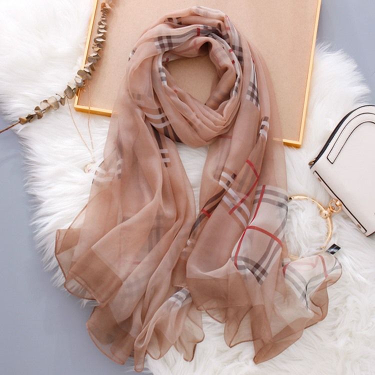 Chiffon Charmeuse Plaid Scarf For Kvinner