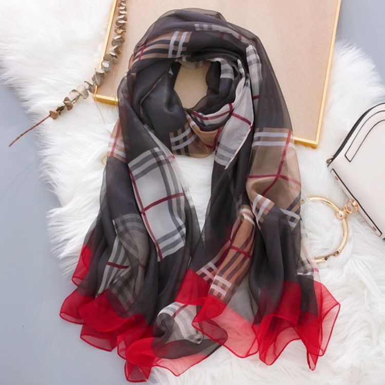 Chiffon Charmeuse Plaid Scarf For Kvinner