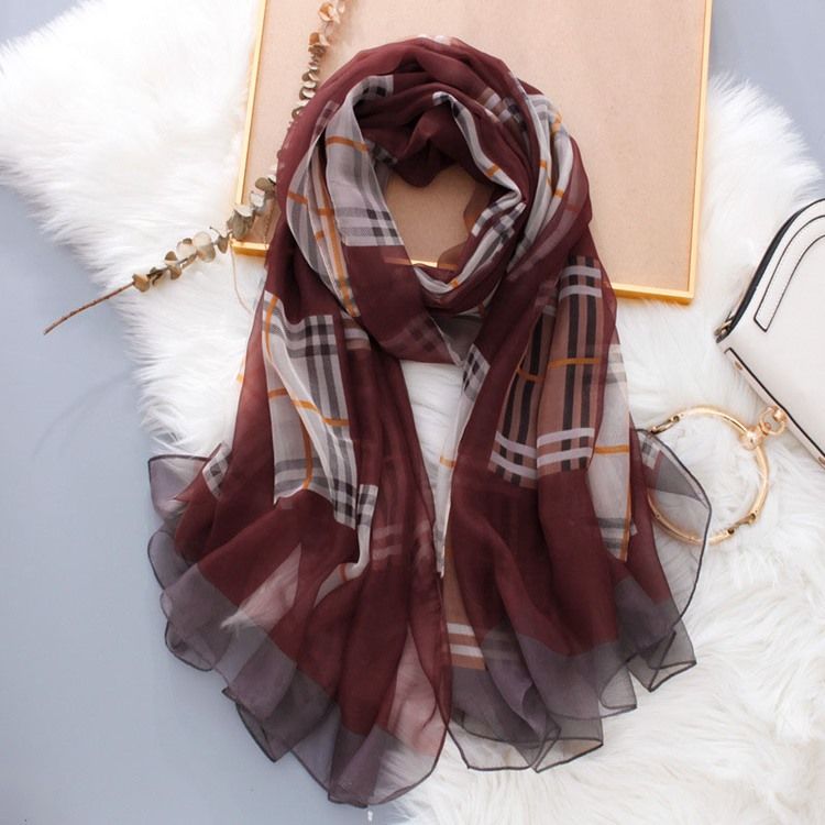 Chiffon Charmeuse Plaid Scarf For Kvinner