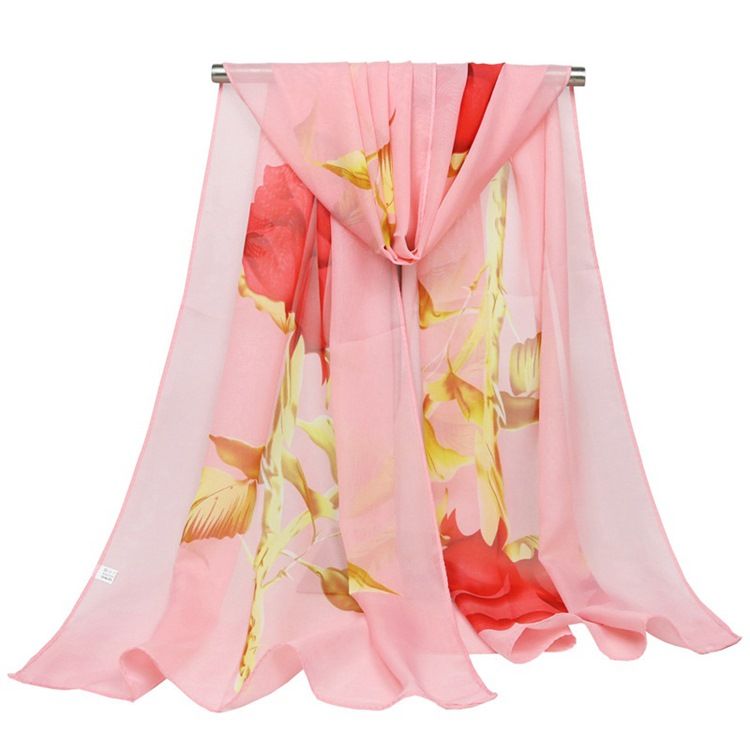 Graceful Rose Printed Chiffon Skjerf For Kvinner