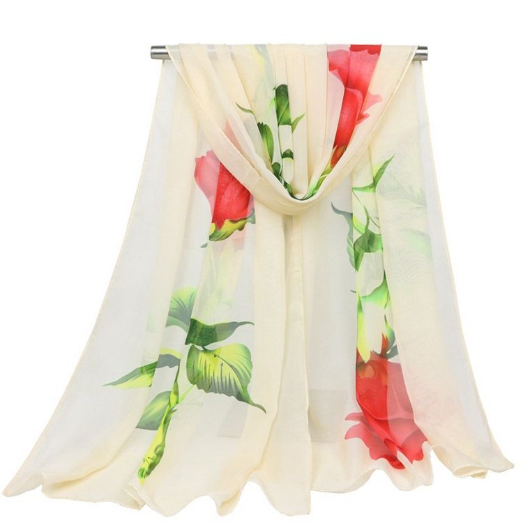 Graceful Rose Printed Chiffon Skjerf For Kvinner