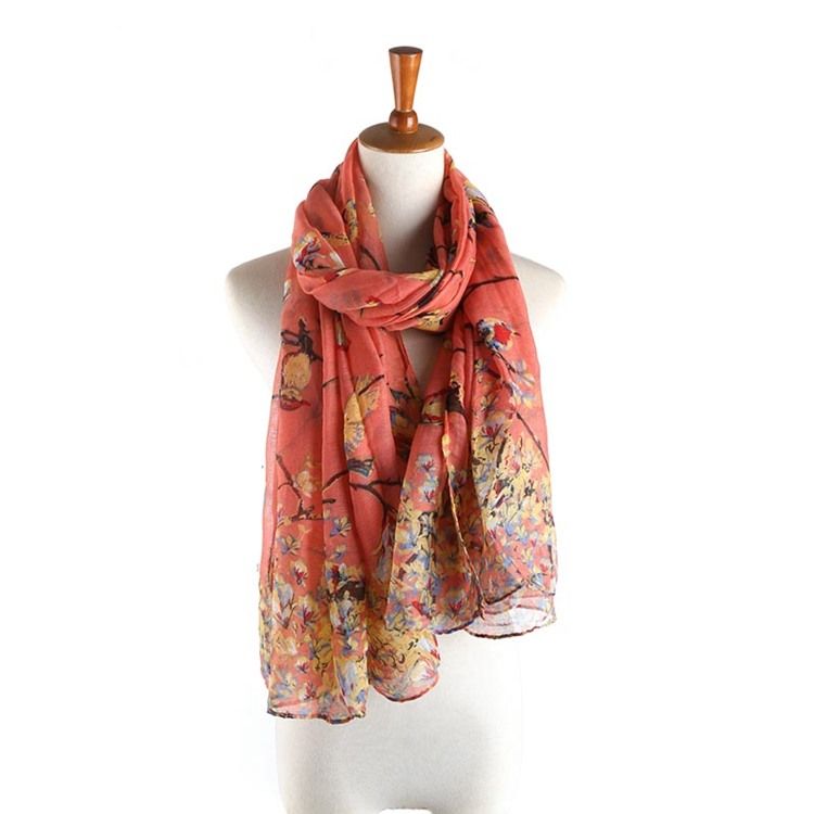 Voile Vintage Print Floral Scarves For Kvinner