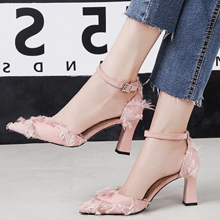 Chunky Heel Buckle Pointed Toe Dame Pumps