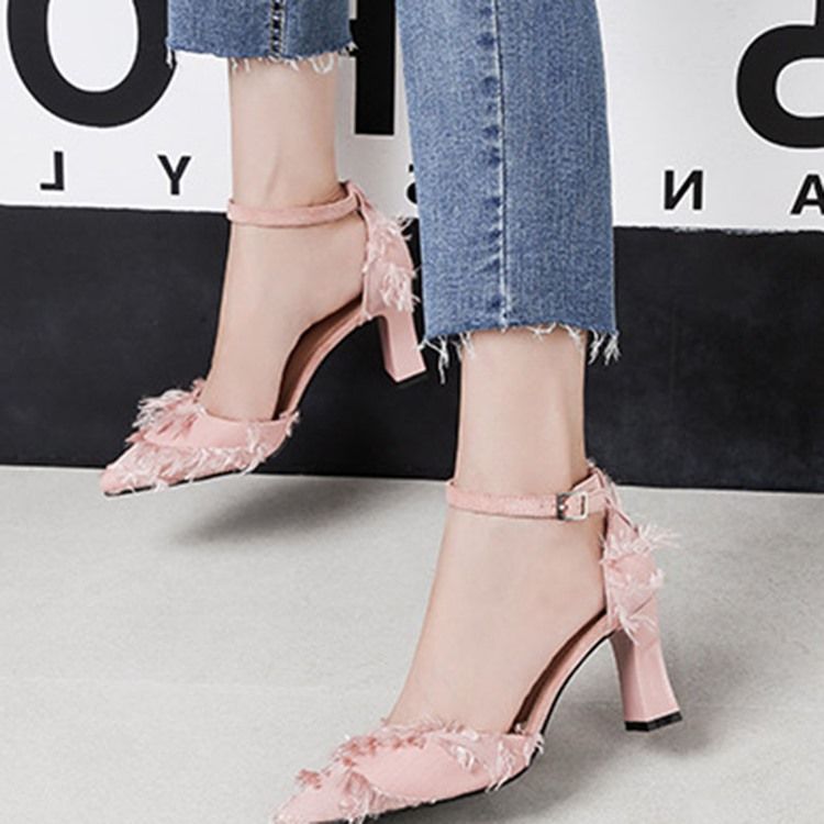 Chunky Heel Buckle Pointed Toe Dame Pumps